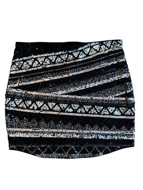 Express Black and Silver Sequin Geometric Mini Skirt
